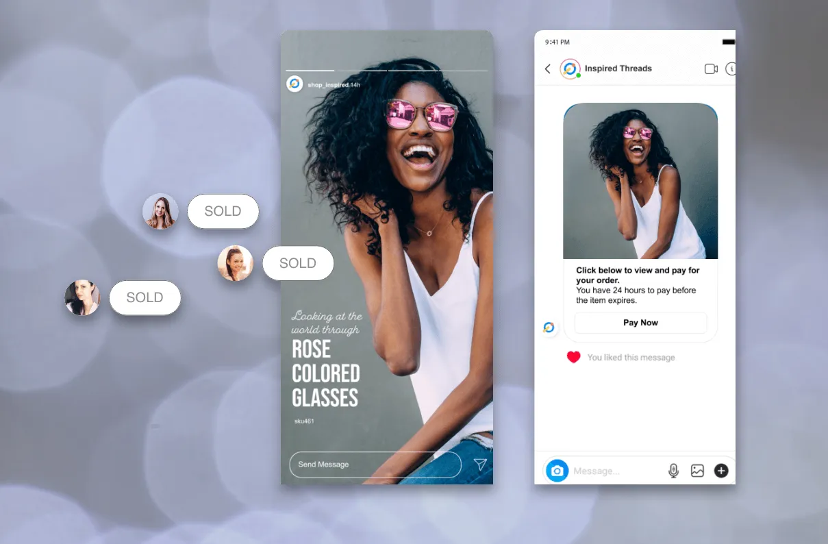 Social product video alongside a direct message containing a Pay Now purchase link.