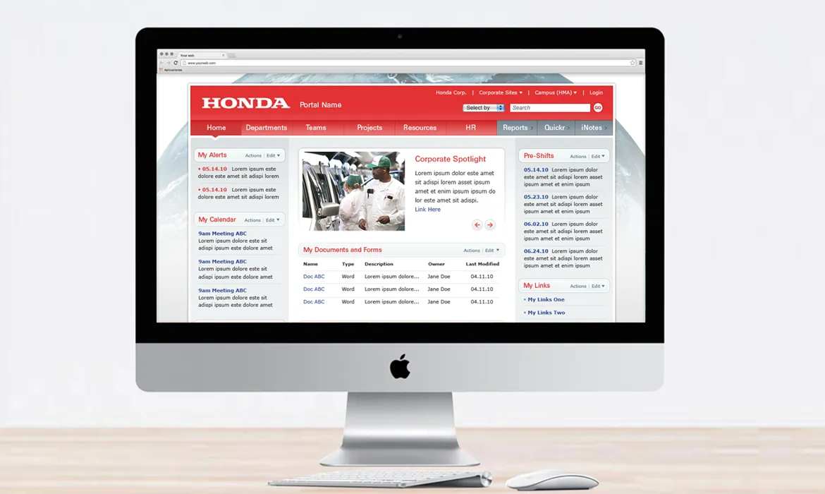 Honda employee intranet with plant navigation, company news, announcements, and document links.