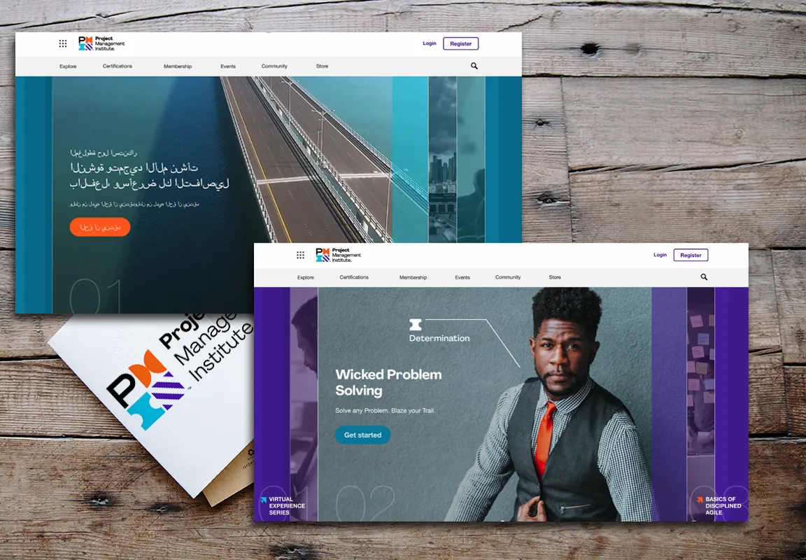 PMI website concepts including an Arabic-language page and a Wicked Problem Solving campaign.