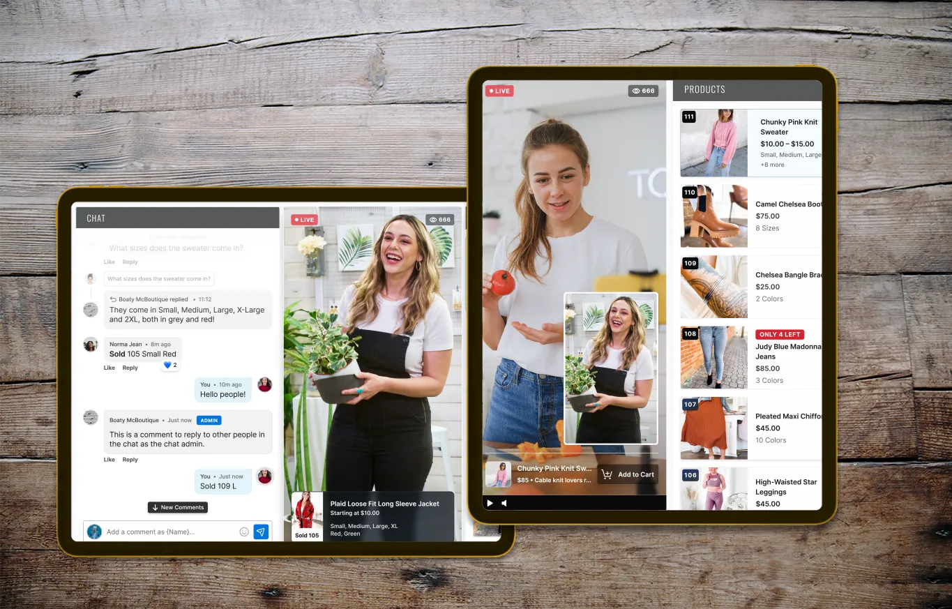 Live shopping interface with a video, shopper conversation, and adjacent product catalog.
