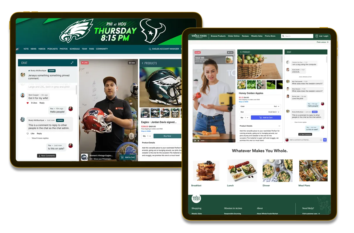 Live video shopping embedded in sports and grocery websites.
