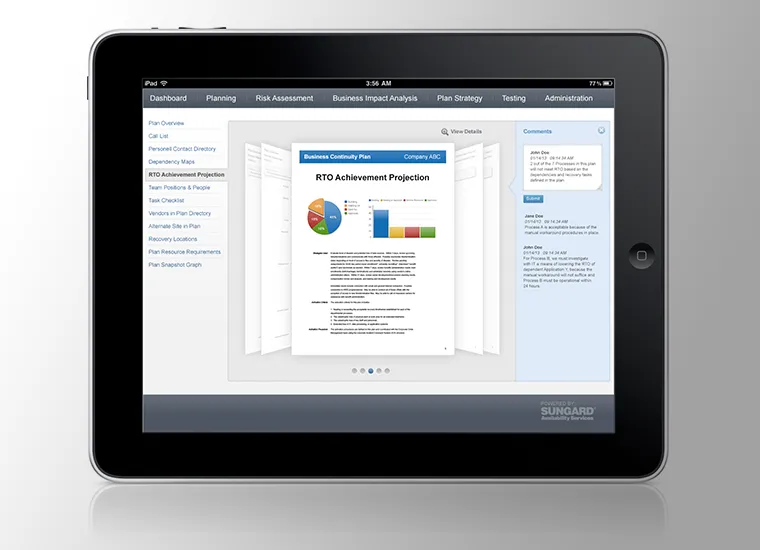 A tablet interface displaying continuity-plan reports and recovery charts.