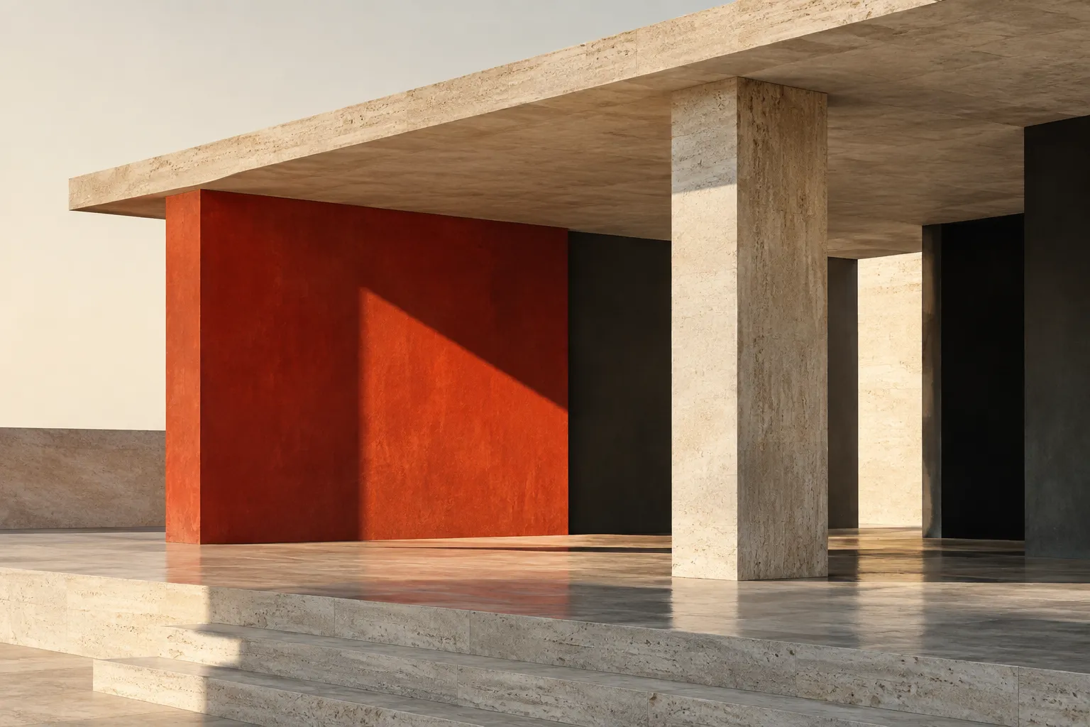 Conceptual mid-century pavilion with a vermilion wall, stone columns, and strong architectural shadows